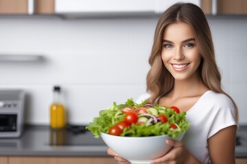 Obraz na płótnie Canvas smiling woman holding a bowl of salad