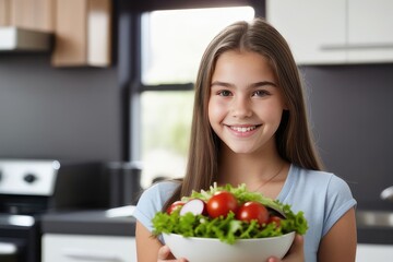smiling woman holding a bowl of salad