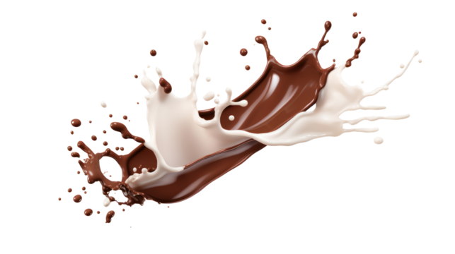 Milk and chocolate splashing isolated on transparent background, PNG File