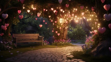 Enchanting garden scene with fairy lights and heart-shaped elements, perfect for expressing Valentine's Day wishes