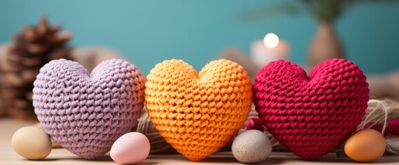 Three Colourful Crochet Handmade Hearts Lettering, HD, Background Wallpaper, Desktop Wallpaper