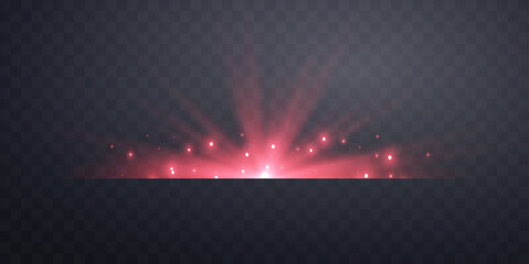 Red horizontal lensflare. Light flash with rays or spotlight and bokeh. Red glow flare light effect. Vector illustration. Isolated on dark transparent background. - obrazy, fototapety, plakaty