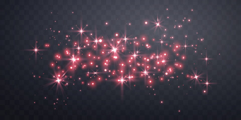 Red magic sparks and dust stars. Red glow flare light effect. Christmas light effect. Vector particles on transparent background. © Elena