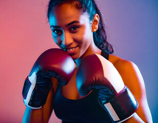 empowered latina boxer woman with boxing gloves, neon lighting