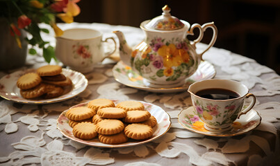 Fototapeta premium Tea set and cookies, Generative AI