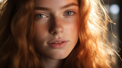 A captivating close-up of a woman's face, illuminated by soft natural light, showcasing the delicate details of her features and the warmth in her eyes.