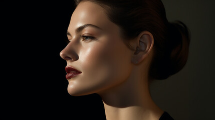 A profile close-up of a woman's face, the contour of her jawline and the curve of her lips creating an elegant and timeless visual narrative.