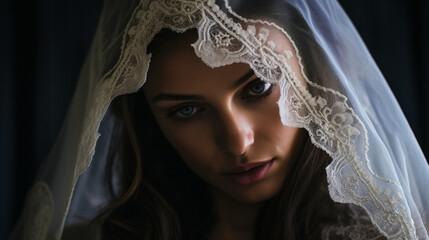 A close-up featuring a woman's face partially obscured by a delicate lace veil, adding an air of mystery and sophistication to the composition.