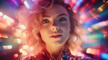 A close-up of a woman's face surrounded by a play of colorful lights, creating a dynamic and visually stunning portrait that reflects her vibrant spirit.