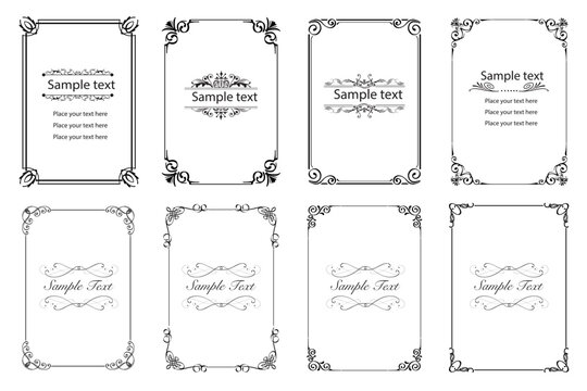 Elegant ornamental frames and filigree floral ornaments. Vintage rectangular calligraphic borders retro.