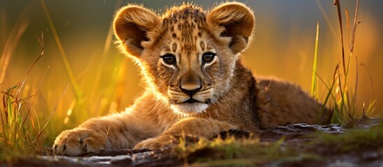 Young lion cub resting in the grass with raindrops and golden hour beginning in Naboisho...