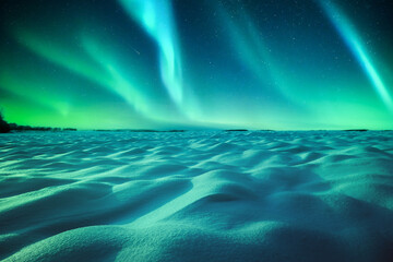 Snowy field with Aurora borealis Northern lights in night winter sky. Sky with green polar lights and stars. Landscape photography