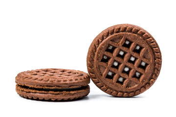 Round chocolate cookies on white background