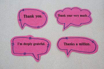 Pink paper bubble speech cards with text Thank you, Thank you very much, I'm deeply grateful,...