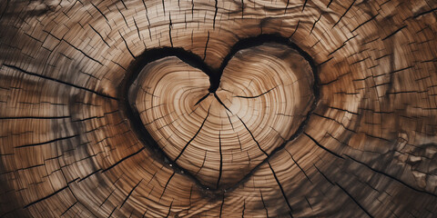 A close-up illustration of a tree trunk with natural markings forming a heart shape. - obrazy, fototapety, plakaty