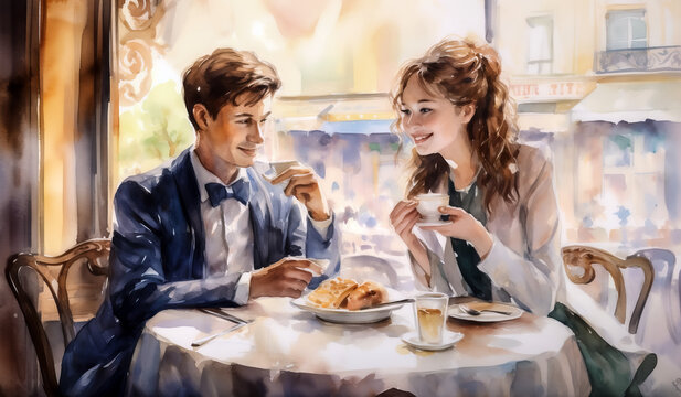 watercolor painting of romantic couple on date at cafe restaurant