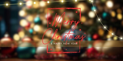 Merry Christmas Poster or banner in red and Christmas balls in background in outside