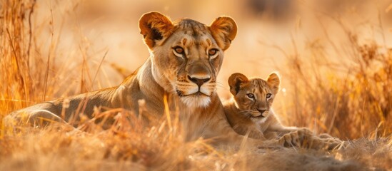 Lioness and cubs resting on savanna grass in Okavango Delta, Botswana. Spotted during July 2022...