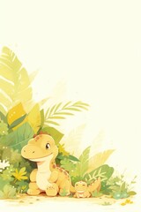 Jungle scrapbook page with cute dinosaur in corner, Forest with dinosaurs and foliage, for kids.
