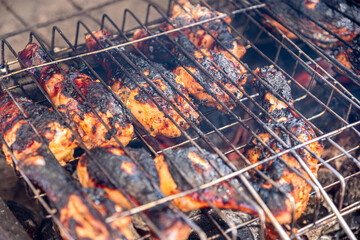 preparing barbeque during holiday on picnic on charcoal for family time and leisure time
