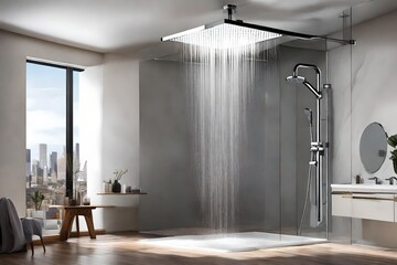 Contrast shower with flowing water, white and black walls, luxuary washroom
