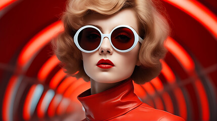 Woman with red lips and white sunglasses on her head and red umbrella behind her. - obrazy, fototapety, plakaty