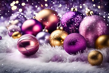 Fototapeta na wymiar Pink and purple and gold Christmas balls in snow with tinsel, christmas background