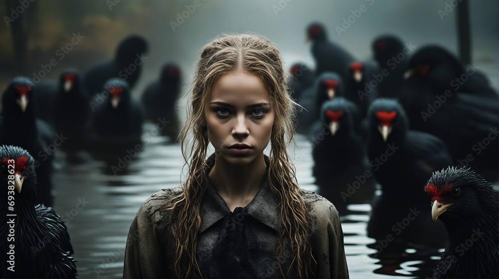 Poster Woman with long hair standing in body of water with bunch of black birds behind her.