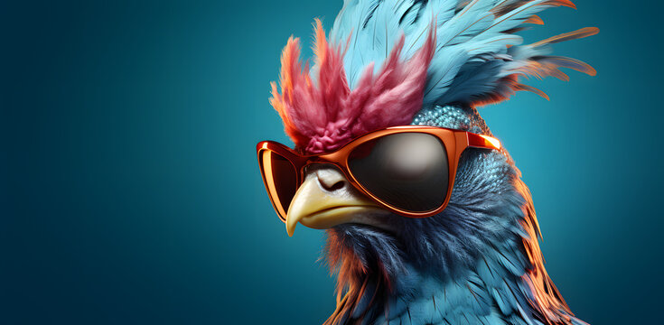 portrait of a rooster wearing sunglasses