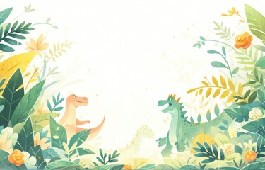 Jungle scrapbook page with cute dinosaur in corner, Forest with dinosaurs and foliage, for kids.