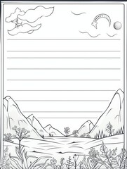 Sheet template for notebook, dinosaurs in the forest, Cartoon, notepad, diary. Lined paper. Cute character. With a color image.