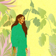 Ilustracja młoda kobieta z długimi włosami na tle roślin żółte jasne tło.