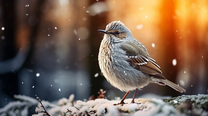 A bird at branch - blurry forest view in background with snowing, closeup 