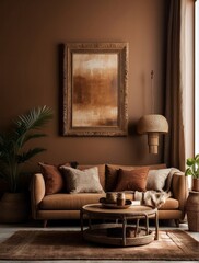 Mockup of a large paintings in framed a light brown living room interior