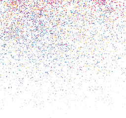 Colorful random dots, shapes, falling confetti particles isolated on white background.