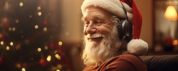 Obraz premium Happy Santa Claus is listening music in headphones. Christmas song. Music for winter holidays