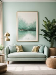 Mockup of a large paintings in framed a light mint green living room interior