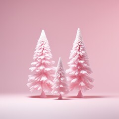 Pink Christmas trees isolated on light rose background. Winter holidays and New Year minimal concept. Xmas design for banner and greeting card with copy space