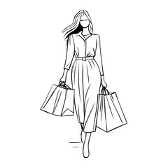 Hand drawn beautiful woman with shopping bags. Black and white sketch. Fashion illustration.