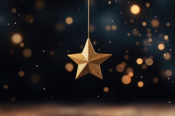 Decoration of golden star on abstract dark blurred background. Five-pointed star shining in and evokes festive mood. Merry Christmas and Happy New Year card or banner template with copy space