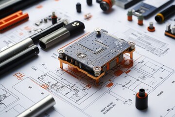 Electronic circuit board with capacitors and other components placed on a detailed schematic diagram.  - obrazy, fototapety, plakaty