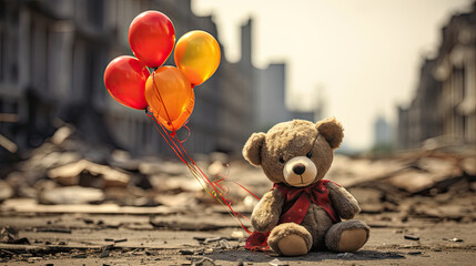 Kids teddy bear toy with balloons over city burned destruction of an aftermath war conflict, earthquake or fire and smoke of world war against children peace innocence concept  - obrazy, fototapety, plakaty
