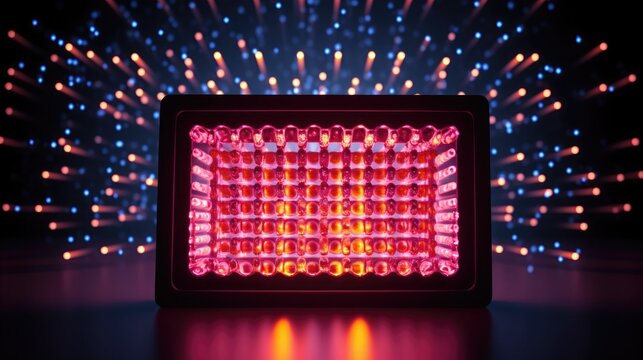 A vibrant red illuminated keyboard against a backdrop of dynamic blue lighting effects, creating a visually striking contrast.