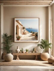 Mockup of a large paintings in framed a light beige living room interior