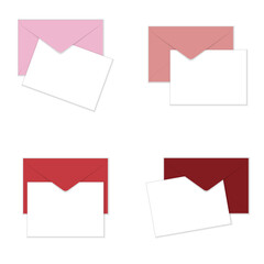 Greeting card mockup. Set of white horizontal greeting cards on pink and red envelopes flat lay top view mockup template. Isolated on white background. Vector illustration.