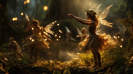 Obraz na płótnie Canvas Fairies in the forest with delicate wings surrounded by lush greenery