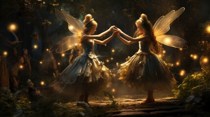  Little fairies dancing in the forest holding hands 