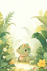 Jungle scrapbook page with cute dinosaur in corner, Forest with dinosaurs and foliage, for kids.