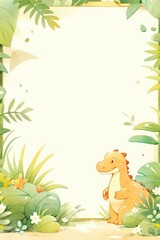 Fototapeta premium Jungle scrapbook page with cute dinosaur in corner, Forest with dinosaurs and foliage, for kids.