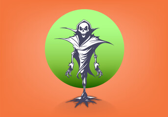 Vector graphic smiling monster with skull. Scary nightmare. Halloween poster. A threatening scarecrow.